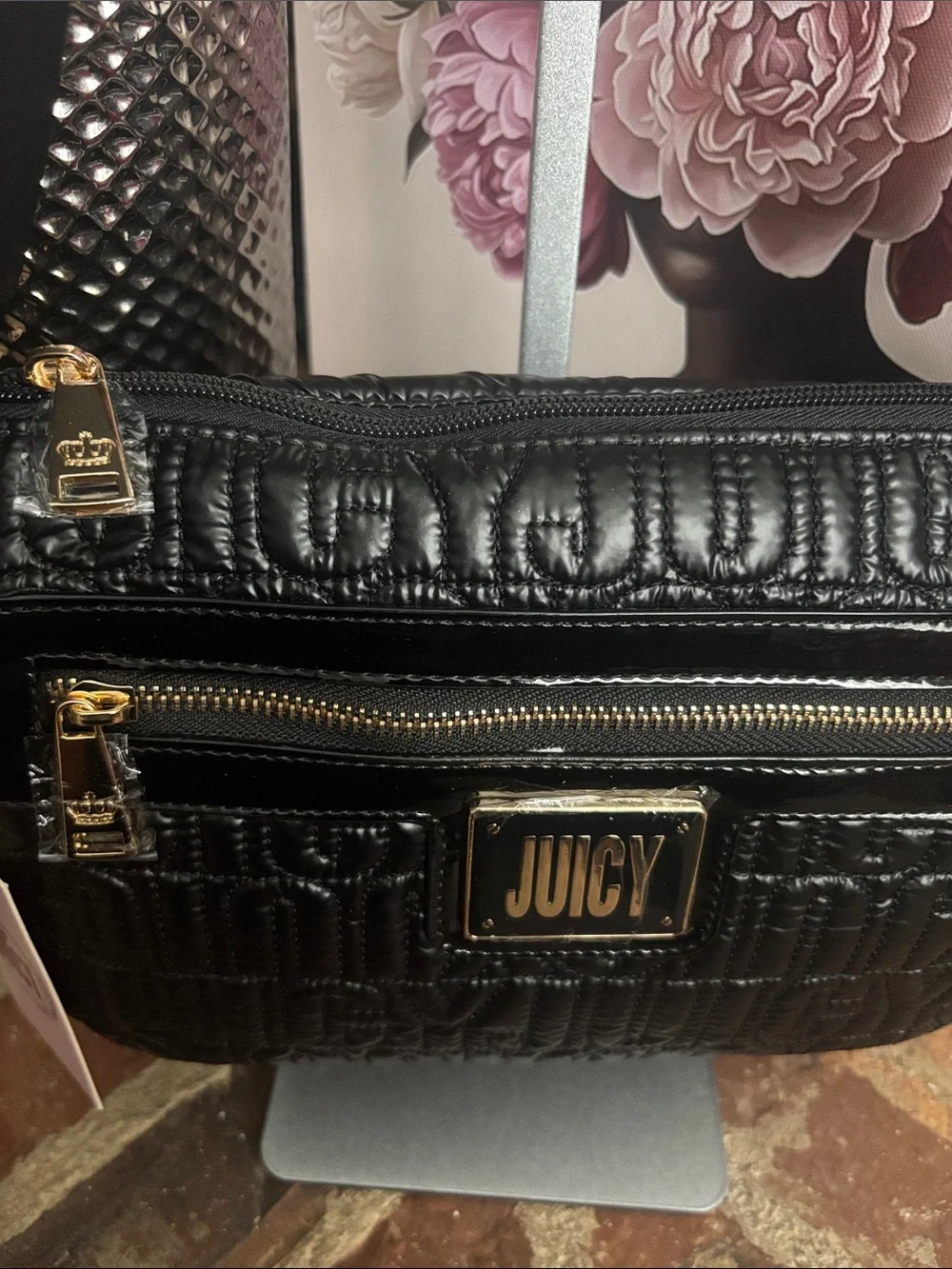 Juicy Couture Black Quilted Patent Crossbody with Gold Hardware
